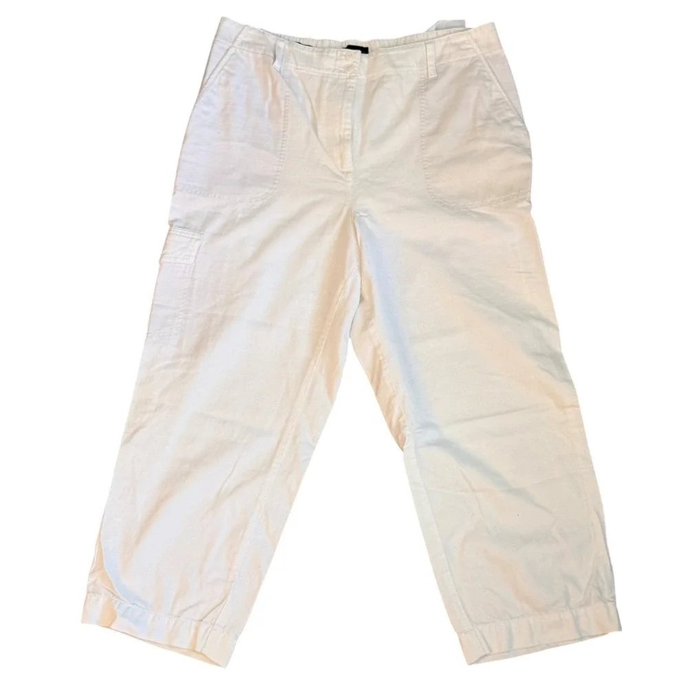 Talbots Supersoft Cargo Pants Womens 14 White Excellent Wide Leg Cropped Utility